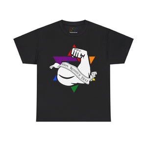 NerdyKeppie "100% Kosher Beef" Cotton Rainbow Gay Pride Tee Shirt. A unisex cotton tee shirt with a "100% Kosher Beef" design on it in rainbow pride colors. This gay pride tee shirt has a classic fit.