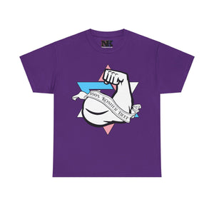 NerdyKeppie "100% Kosher Beef" Cotton Trans Pride Tee Shirt. A unisex cotton tee shirt with a "100% Kosher Beef" design on it in transgender pride colors. This trans pride tee shirt has a classic fit.