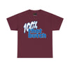 NerdyKeppie "100% That Butch" Cotton Butch Pride Tee Shirt. A unisex cotton tee shirt with a "100% That Butch" design on it in blue and white. This butch pride tee shirt has a classic fit.