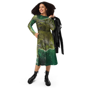 A person wearing a NerdyKeppie Carina Nebula Aro Pride Long Sleeve Midi Dress With Pockets. 