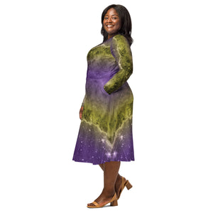 A person wearing a NerdyKeppie Carina Nebula Non-Binary Pride Long Sleeve Midi Dress With Pockets. 