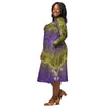 A person wearing a NerdyKeppie Carina Nebula Non-Binary Pride Long Sleeve Midi Dress With Pockets. 