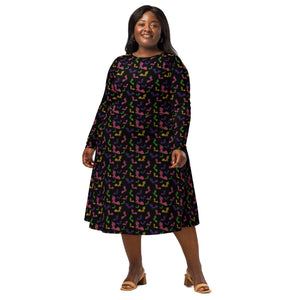 A person wearing a NerdyKeppie Engraved Bats Lesbian Pride Long Sleeve Midi Dress With Pockets. 