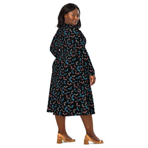 A person wearing a NerdyKeppie Engraved Bats Trans Pride Long Sleeve Midi Dress With Pockets. 