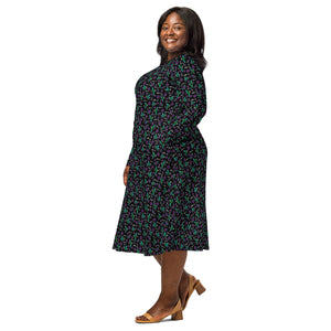 A person wearing a NerdyKeppie Faygele Little Bird Gay Pride Long Sleeve Midi Dress With Pockets. 