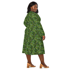 A person wearing a NerdyKeppie Lemurs Progress Pride Long Sleeve Midi Dress With Pockets. 