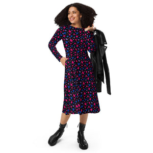 A person wearing a NerdyKeppie Raveyard Ghosts Bi Pride Long Sleeve Midi Dress With Pockets. 