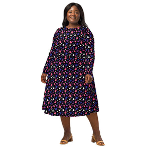 A person wearing a NerdyKeppie Raveyard Ghosts Genderfluid Pride Long Sleeve Midi Dress With Pockets. 