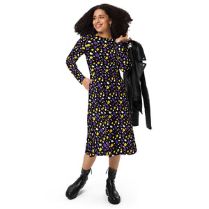 A person wearing a NerdyKeppie Raveyard Ghosts Non-Binary Pride Long Sleeve Midi Dress With Pockets. 