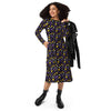 A person wearing a NerdyKeppie Raveyard Ghosts Non-Binary Pride Long Sleeve Midi Dress With Pockets. 