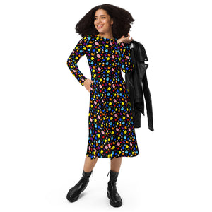 A person wearing a NerdyKeppie Raveyard Ghosts Progress Pride Long Sleeve Midi Dress With Pockets. 
