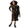 A person wearing a NerdyKeppie Splatter Wave Bear Pride Long Sleeve Midi Dress With Pockets. 