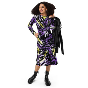A person wearing a NerdyKeppie Splatter Wave Non-Binary Pride Long Sleeve Midi Dress With Pockets. 