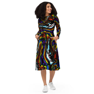 A person wearing a NerdyKeppie Splatter Wave Progress Pride Long Sleeve Midi Dress With Pockets. 