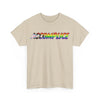 NerdyKeppie "Accomplice" Cotton Progress Pride Tee Shirt. A unisex cotton tee shirt with an "Accomplice" design on it in rainbow pride colors. This gay pride tee shirt has a classic fit.