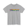 NerdyKeppie "Accomplice" Cotton Progress Pride Tee Shirt. A unisex cotton tee shirt with an "Accomplice" design on it in rainbow pride colors. This gay pride tee shirt has a classic fit.