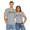 NerdyKeppie "Accomplice" Cotton Progress Pride Tee Shirt. A unisex cotton tee shirt with an "Accomplice" design on it in rainbow pride colors. This gay pride tee shirt has a classic fit.
