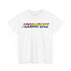 NerdyKeppie "Accomplice" Cotton Progress Pride Tee Shirt. A unisex cotton tee shirt with an "Accomplice" design on it in rainbow pride colors. This gay pride tee shirt has a classic fit.
