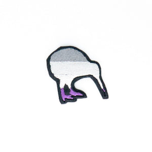NerdyKeppie's Ace Kiwi Embroidered Pride Patch are shaped like their namesake and stitched on black duck cloth!