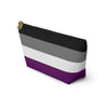 NerdyKeppie Ace Pride Flag Zipper Pouch with T-Bottom. A zippered accessory/makeup bag featuring a t-bottom and an asexual pride flag pattern. This ace pride zipper pouch is fully lined and comes in two sizes.