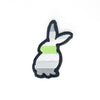 NerdyKeppie's Agender BONEYARD Rabbit Embroidered Pride Patch are shaped like their namesake and stitched on black duck cloth!