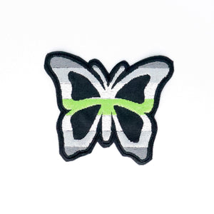 NerdyKeppie's Agender Butterfly Embroidered Pride Patch are shaped like their namesake and stitched on black duck cloth!