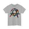 NerdyKeppie Anarchist Star of David Progress Pride Tee Shirt (UK Print Provider). A unisex cotton tee shirt with an anarchist Star of David design on it in Progress pride colors. This Progress pride tee shirt has a classic fit.