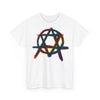 NerdyKeppie Anarchist Star of David Progress Pride Tee Shirt (UK Print Provider). A unisex cotton tee shirt with an anarchist Star of David design on it in Progress pride colors. This Progress pride tee shirt has a classic fit.