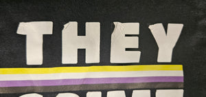 NerdyKeppie BONEYARD "Be They Do Crime" Stripe Cotton Non-Binary Pride Tee Shirt - Size Large ONLY. 