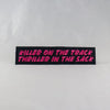 NerdyKeppie's BONEYARD "Killer On The Track / Thriller In The Sack" Embroidered Roller Derby Patch are stitched on sturdy rectangular duck cloth and backed with vinyl fuse.