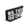 NerdyKeppie "Be They, Do Crime" Agender Pride Zipper Pouch with T-Bottom. A zippered accessory/makeup bag featuring a t-bottom and a "Be They, Do Crime" pattern in agender pride colors. This agender pride zipper pouch is fully lined and comes in two sizes.