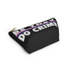 NerdyKeppie "Be They, Do Crime" Genderfluid Pride Zipper Pouch with T-Bottom. A zippered accessory/makeup bag featuring a t-bottom and a "Be They, Do Crime" pattern in genderfluid pride colors. This genderfluid pride zipper pouch is fully lined and comes in two sizes.