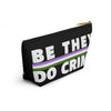 NerdyKeppie "Be They, Do Crime" Genderqueer Pride Zipper Pouch with T-Bottom. A zippered accessory/makeup bag featuring a t-bottom and a "Be They, Do Crime" pattern in genderqueer pride colors. This genderqueer pride zipper pouch is fully lined and comes in two sizes.