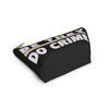 NerdyKeppie "Be They, Do Crime" Non-Binary Pride Zipper Pouch with T-Bottom. A zippered accessory/makeup bag featuring a t-bottom and a "Be They, Do Crime" pattern in non-binary pride colors. This non-binary pride zipper pouch is fully lined and comes in two sizes.