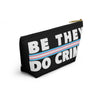 NerdyKeppie "Be They, Do Crime" Trans Pride Zipper Pouch with T-Bottom. A zippered accessory/makeup bag featuring a t-bottom and a "Be They, Do Crime" pattern in transgender pride colors. This trans pride zipper pouch is fully lined and comes in two sizes.