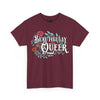NerdyKeppie "Beautifully Queer" Cotton Rainbow Gay Pride Tee Shirt. A unisex cotton tee shirt with a "Beautifully Queer" design on it in rainbow pride colors. This gay pride tee shirt has a classic fit.