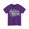 NerdyKeppie "Beautifully Queer" Cotton Rainbow Gay Pride Tee Shirt. A unisex cotton tee shirt with a "Beautifully Queer" design on it in rainbow pride colors. This gay pride tee shirt has a classic fit.