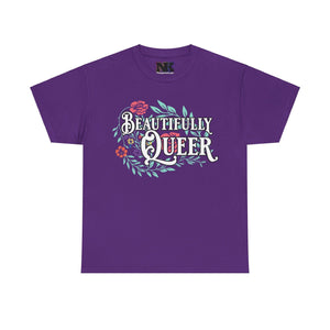 NerdyKeppie "Beautifully Queer" Cotton Rainbow Gay Pride Tee Shirt. A unisex cotton tee shirt with a "Beautifully Queer" design on it in rainbow pride colors. This gay pride tee shirt has a classic fit.