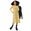 A person wearing a NerdyKeppie Bees Bees Bees Late Summer Long Sleeve Midi Dress. 