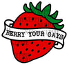 NerdyKeppie "Berry Your Gays" Strawberry Enamel Pin. A strawberry enamel pin featuring a strawberry with a scroll reading "berry your gays." Perfect for anyone enjoying a post-apocalyptic queer love story.