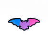 NerdyKeppie's Bi Bat Embroidered Pride Patch are shaped like their namesake and stitched on black duck cloth!