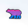 NerdyKeppie's Bi Bear Embroidered Pride Patch are shaped like their namesake and stitched on black duck cloth!