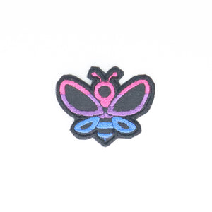 NerdyKeppie's Bi Bee Embroidered Pride Patch are shaped like their namesake and stitched on black duck cloth!