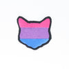 NerdyKeppie's Bi Cat Embroidered Pride Patch are shaped like their namesake and stitched on black duck cloth!