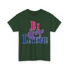 NerdyKeppie "Bi & Large" Cotton Bi Pride Tee Shirt. A unisex cotton tee shirt with a "Bi & Large" design on it in bisexual pride colors. This bi pride tee shirt has a classic fit.