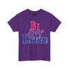 NerdyKeppie "Bi & Large" Cotton Bi Pride Tee Shirt. A unisex cotton tee shirt with a "Bi & Large" design on it in bisexual pride colors. This bi pride tee shirt has a classic fit.