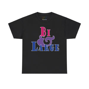 NerdyKeppie "Bi & Large" Cotton Bi Pride Tee Shirt. A unisex cotton tee shirt with a "Bi & Large" design on it in bisexual pride colors. This bi pride tee shirt has a classic fit.