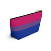 NerdyKeppie Bi Pride Flag Zipper Pouch with T-Bottom. A zippered accessory/makeup bag featuring a t-bottom and a bisexual pride flag pattern. This bi pride zipper pouch is fully lined and comes in two sizes.