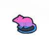 NerdyKeppie's Bi Rat Embroidered Pride Patch are shaped like their namesake and stitched on black duck cloth!