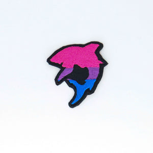 NerdyKeppie's Bi Shark Embroidered Pride Patch are shaped like their namesake and stitched on black duck cloth!